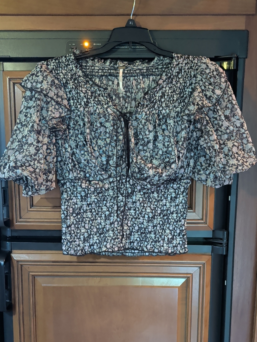 Free People Black and White Floral Puff-Sleeve Smocked Top